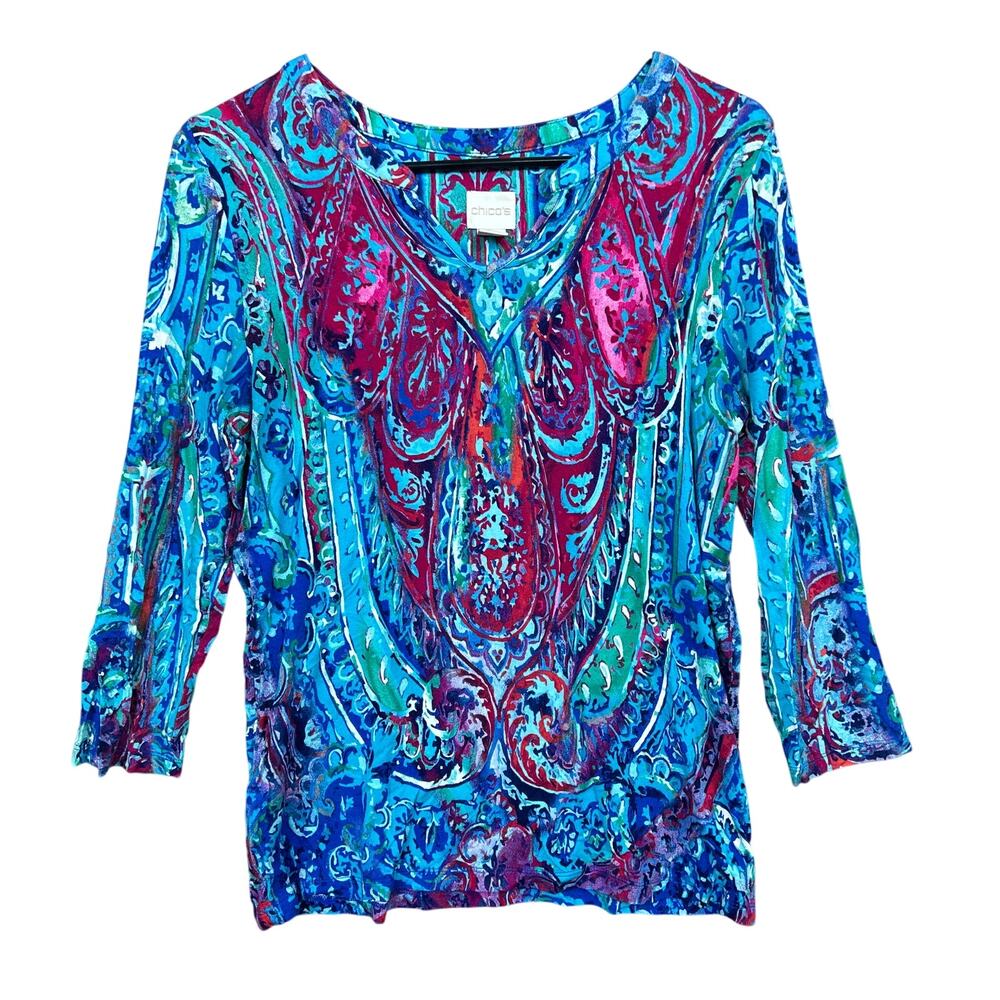 Chicos Womens Shirt Multicolor Bright Abstract V Neck 3/4 Sleeve Stretch 0